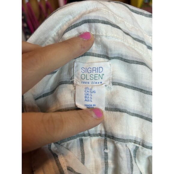 Sigrid Olsen LINEN Button Down Blouse Collared Blue & White Striped Sz L - Picture 8 of 9